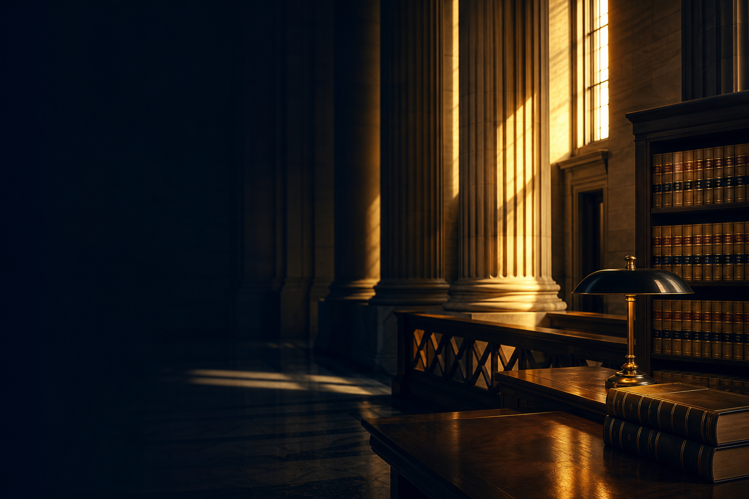 A dignified federal courthouse and law library, setting a serious but hopeful tone