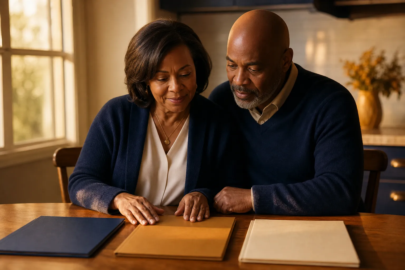 A family at their kitchen table calmly choosing between document folders, deciding on the right path for their loved one