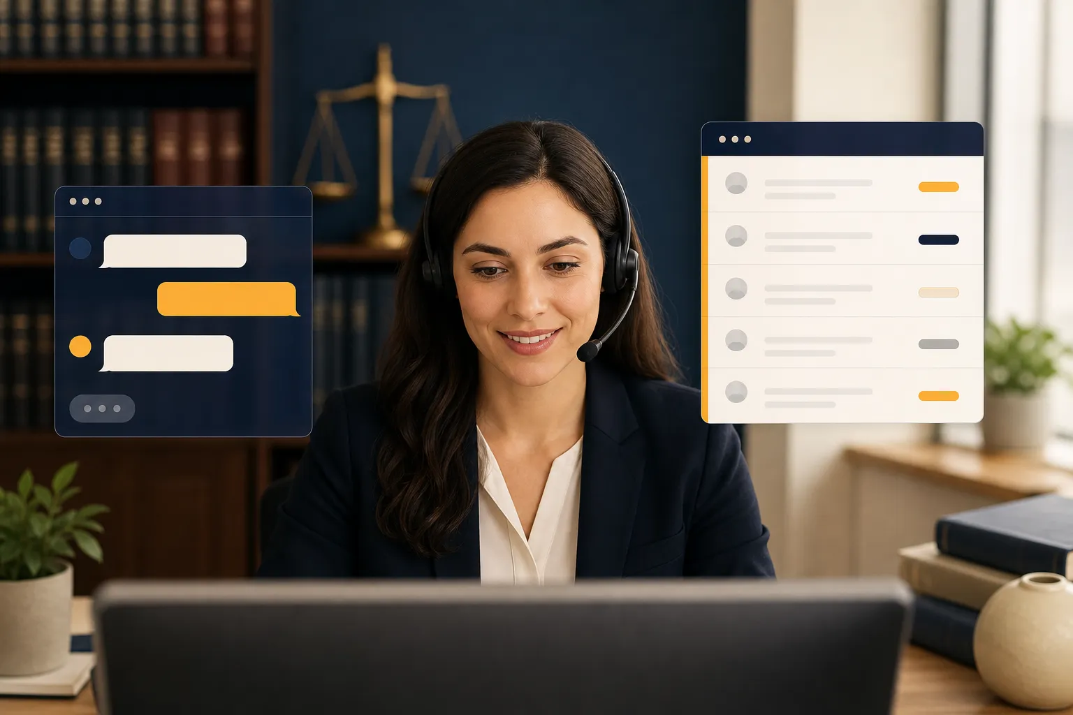 Support specialist with a headset beside a live chat window and an online support ticket queue