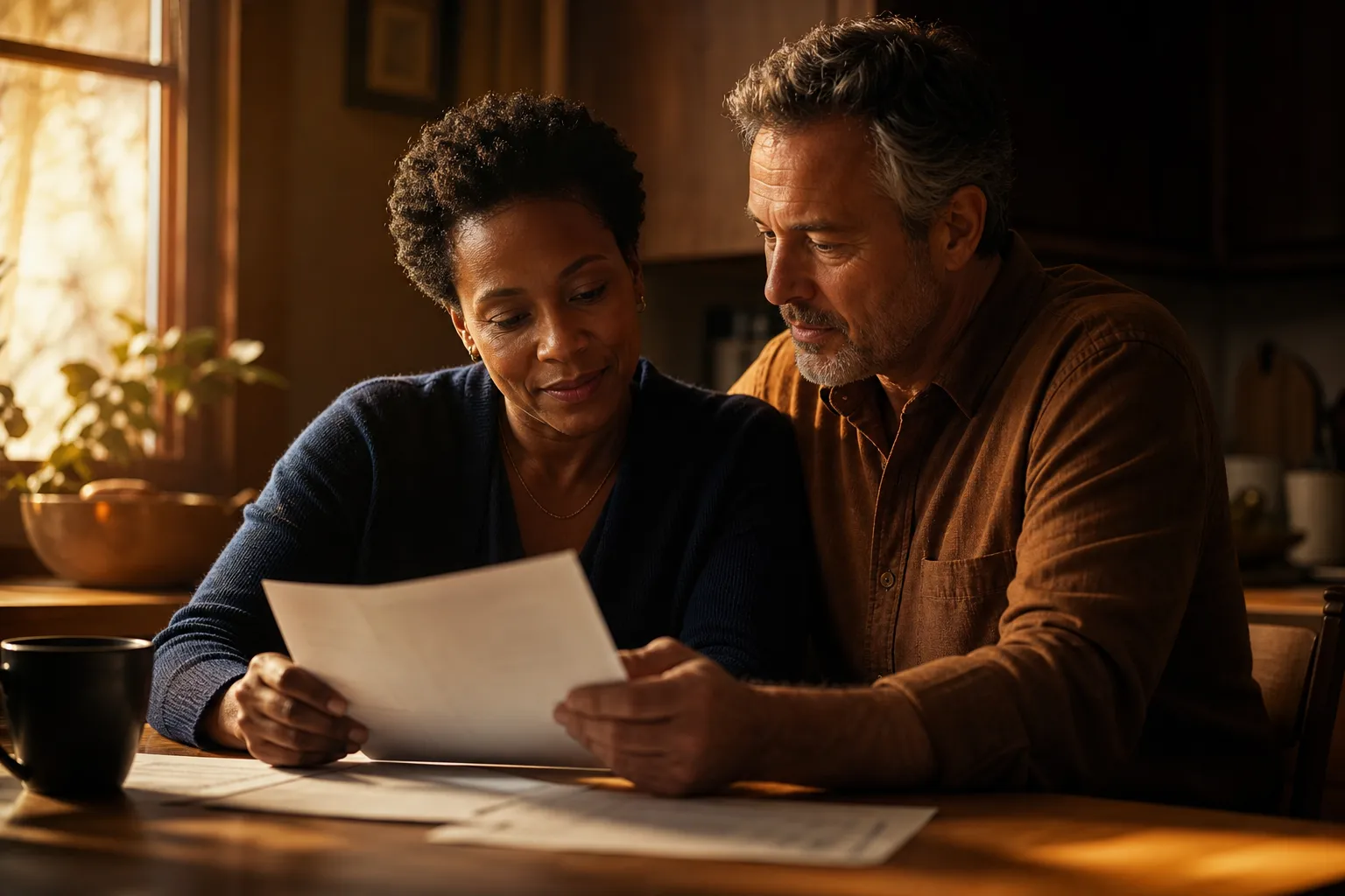 An interracial couple in their fifties — the woman African American — sitting together at their kitchen table, quietly reviewing documents with supportive expressions