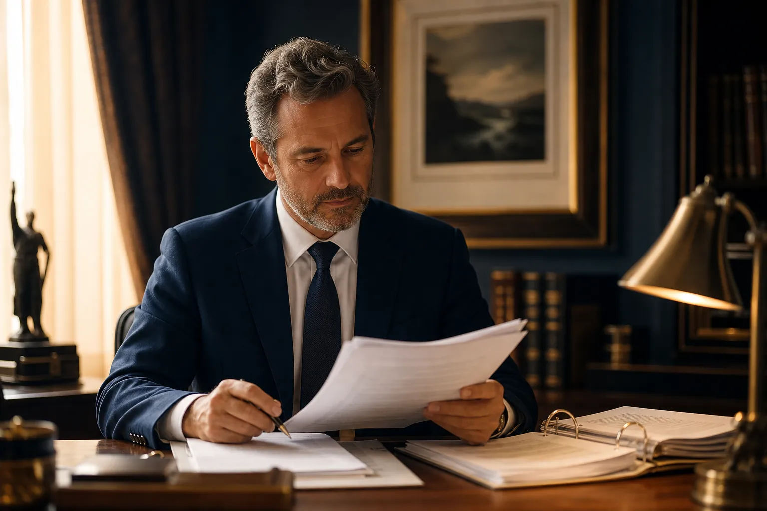 A man at a wooden desk carefully evaluating legal documents in warm light